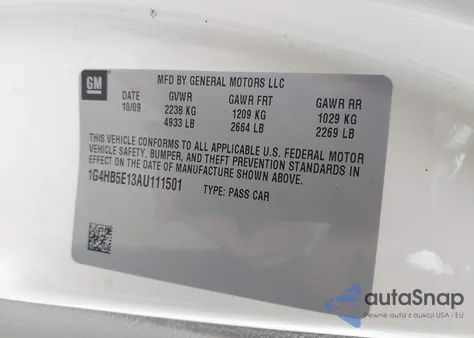 2010 Buick Lucerne Cx-2 из США, поврежденный, VIN 1G4HB5E13AU111501